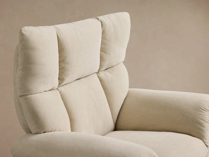 Front view of the Cream Deacon Swivel Recliner with a tufted backrest, rolled arms, and a round gold swivel base.