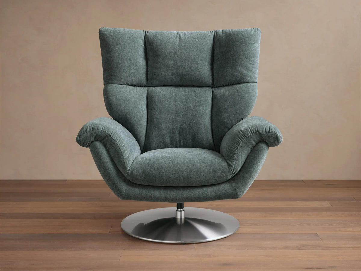 Front view of the sage green Deacon Swivel Recliner with a plush padded back, rolled arms, and a brushed metal swivel base.