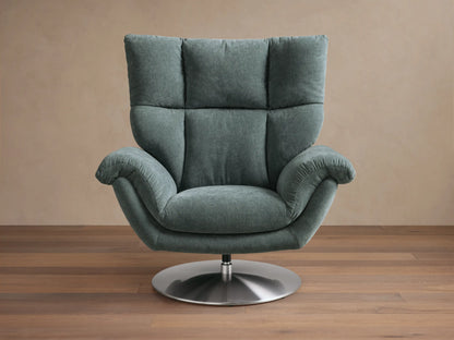 Front view of the sage green Deacon Swivel Recliner with a plush padded back, rolled arms, and a brushed metal swivel base.