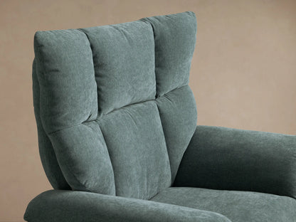 Front view of the teal Deacon Swivel Recliner, featuring a padded, divided backrest, padded arms, and a shiny silver swivel base.