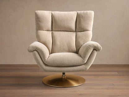 Front view of the beige Deacon Swivel Recliner with a tufted backrest, padded armrests, and a golden circular base.