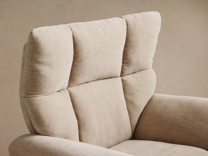 Front view of the beige Deacon Swivel Recliner with a tufted back, plush rolled arms, and a gold swivel base.