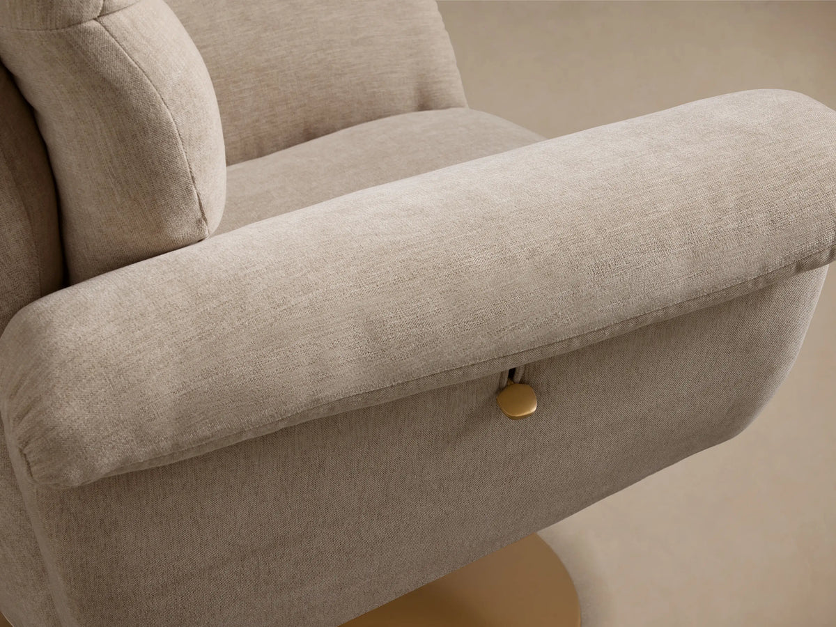 Close-up of the Oatmeal Deacon Swivel Recliner's plush, segmented backrest and right armrest.