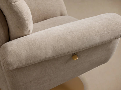 Close-up of the Oatmeal Deacon Swivel Recliner's plush, segmented backrest and right armrest.