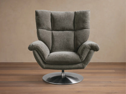 Front view of the light gray Deacon Swivel Recliner with a tufted back, rolled armrests, side lever, and round silver swivel base.