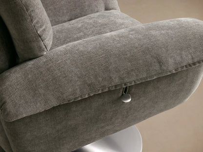 Close-up of the gray Deacon Swivel Recliner, highlighting its channel-tufted backrest and textured upholstery.