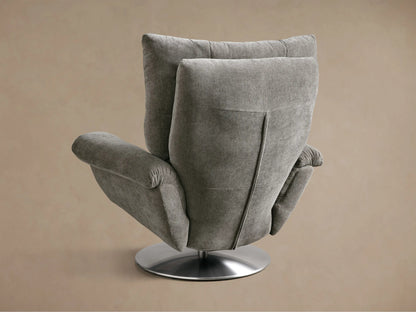 Close-up of the grey Deacon Swivel Recliner, showing the textured armrest with a silver reclining lever.