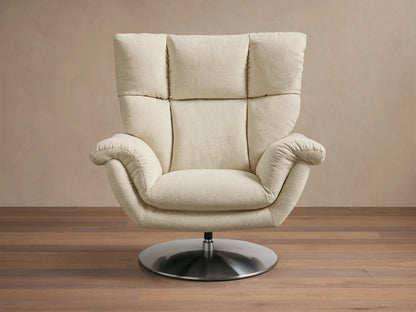 Front view of the creamy beige Deacon Swivel Recliner, showing its textured fabric, padded back, armrests, and silver swivel base.
