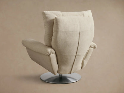 Close-up of cream textured fabric armrest of Deacon Swivel Recliner, showing a small silver side lever.