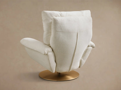Side profile of the partially reclined off-white Deacon Swivel Recliner with a gold swivel base and side lever.