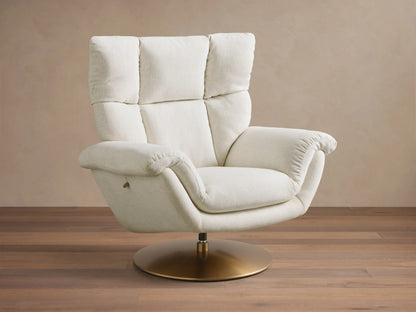 Close-up of the Cream Deacon Swivel Recliner armrest, showing its textured upholstery and a small brass reclining lever.
