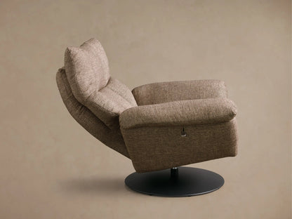 Side profile of a reclined brown textured Deacon Swivel Recliner with a black swivel base and side lever.