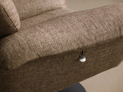 Front view of the brown Deacon Swivel Recliner with a tufted back, rolled arms, side lever, and black circular base.