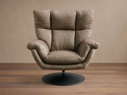 Rear view of the taupe Deacon Swivel Recliner, showing its textured fabric, vertical back seam, and black circular swivel base.