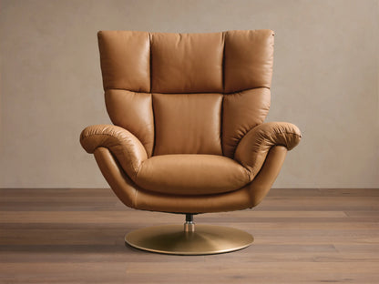 Front view of the camel leather Deacon Leather Swivel Recliner with a round gold base and padded back.