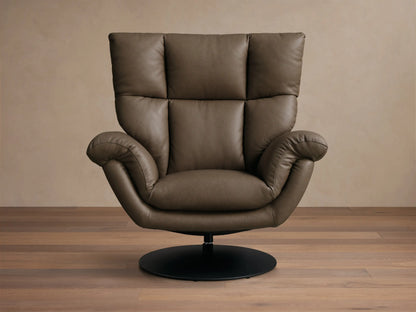 Front view of the Taupe Deacon Leather Swivel Recliner, featuring a plush, sectioned back, rolled armrests, and a black circular base.