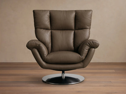 Front view of the brown Deacon Leather Swivel Recliner with a tufted back and a round metallic base.