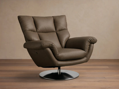 Angled rear view of the brown Deacon Leather Swivel Recliner, featuring a padded back, armrests, and a silver swivel base.
