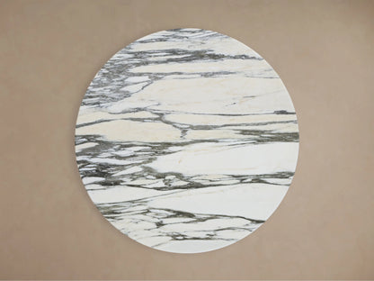 Front view of Saint Germain Bistro Table with a white and grey marbled stone top and a solid olive green steel pedestal base.