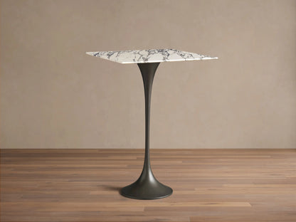 Front view of the Saint Germain Square Bar Table, featuring a white marble top with gray veining and a black pedestal base.