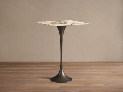 Front view of the Saint Germain Square Bar Table with a square white and gold veined marble top and a dark bronze steel flared base.