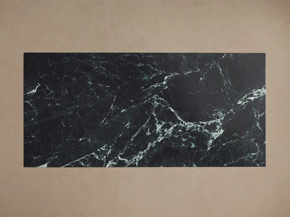 Front view of a dark green marble dining table with a rectangular top and an angular pedestal base, featuring white veining.