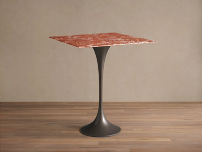 Front view of the Saint Germain Square Counter Table featuring a reddish-brown square marble top with white veining on a dark steel flared base.