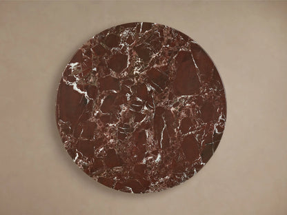 Front view of the Saint Germain Bar Table featuring a round reddish-brown marble top with white veining and a golden steel base.