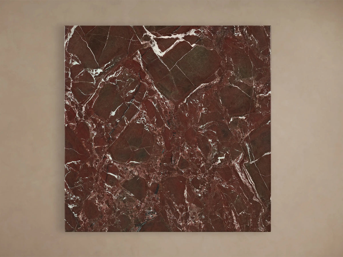 Front view of the Saint Germain Square Counter Table, featuring a reddish-brown marble top with white veining and a dark gray steel tulip base.