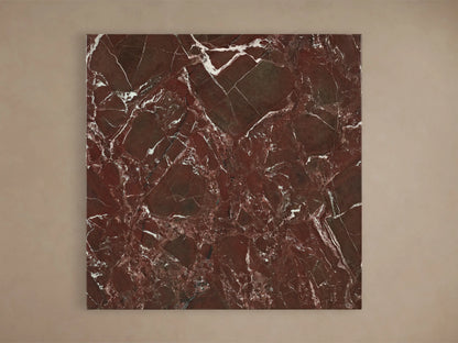 Front view of the Saint Germain Square Counter Table, featuring a reddish-brown marble top with white veining and a dark gray steel tulip base.