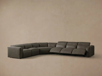 Front view of a dark gray leather Coburn Motion Leather Six-Piece Corner Wedge Sectional with the left arm recliner extended.