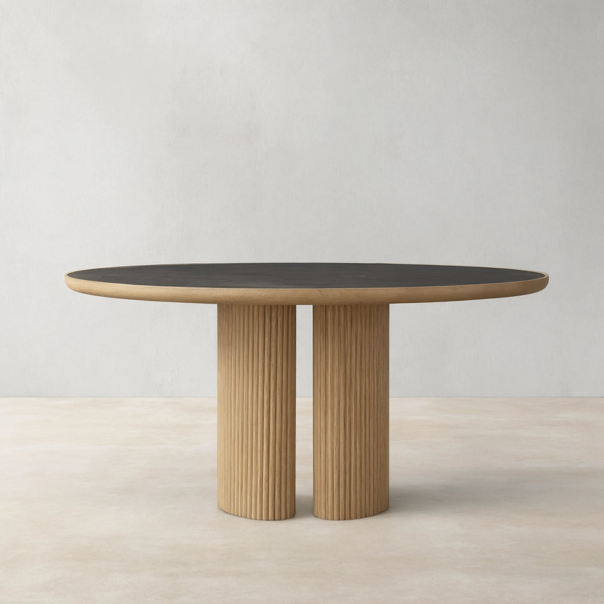 Aster Oak Wood Round Dining Table With Natural Marble Top