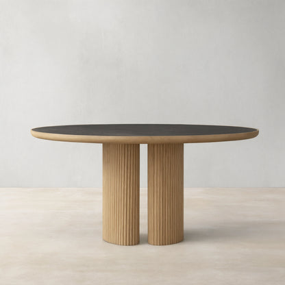 Aster Oak Wood Round Dining Table With Natural Marble Top