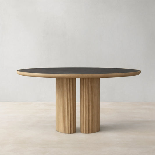 Aster Oak Wood Round Dining Table With Natural Marble Top