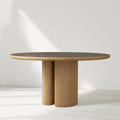 Aster Oak Wood Round Dining Table With Natural Marble Top