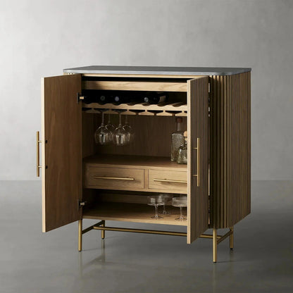 Finnley Small Stone Top Wood Bar Cabinet with Wine Rack