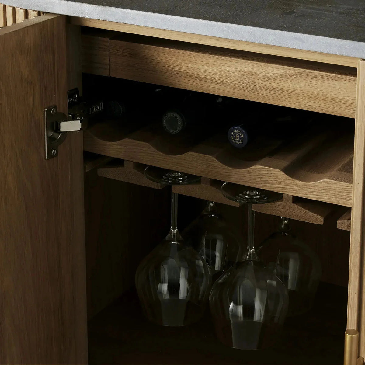 Finnley Small Stone Top Wood Bar Cabinet with Wine Rack