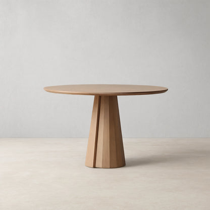 Brank Wood Round Dining Table With Faceted Cone Base