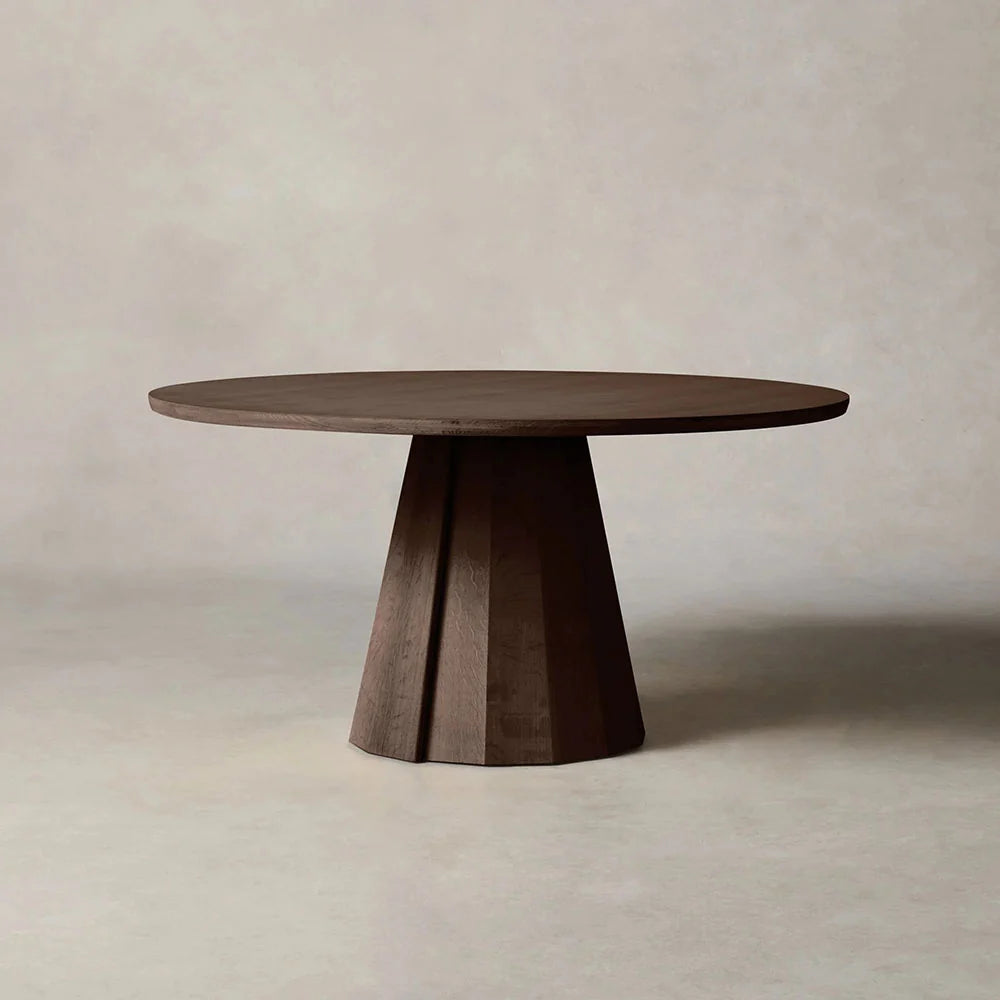 Brank Wood Round Dining Table With Faceted Cone Base