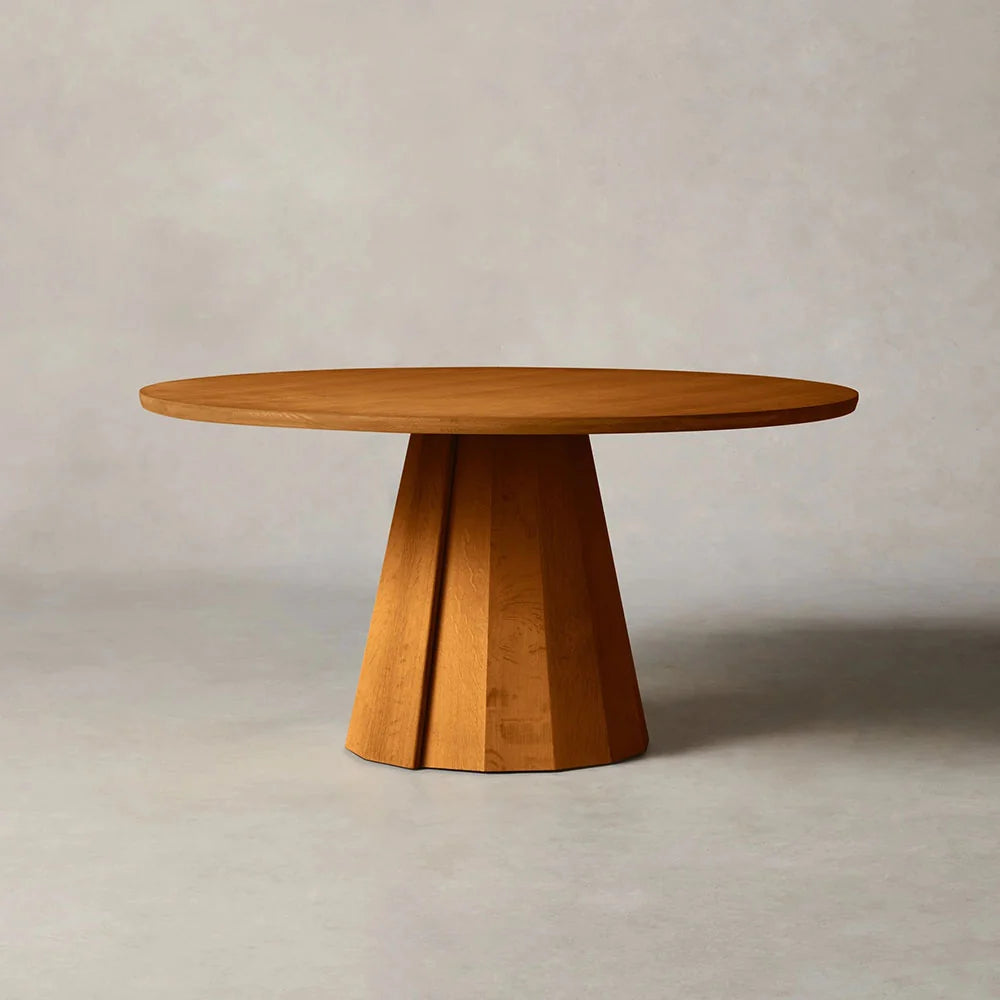 Brank Wood Round Dining Table With Faceted Cone Base