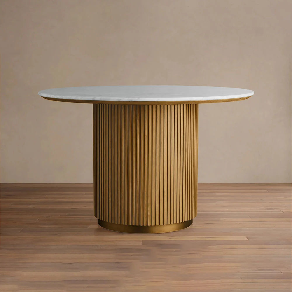 Finnley Round Wood Dining Table With Carrara Marble or Bluestone Top