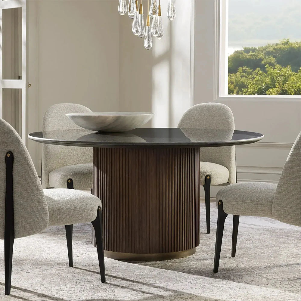 Finnley Round Wood Dining Table With Carrara Marble or Bluestone Top