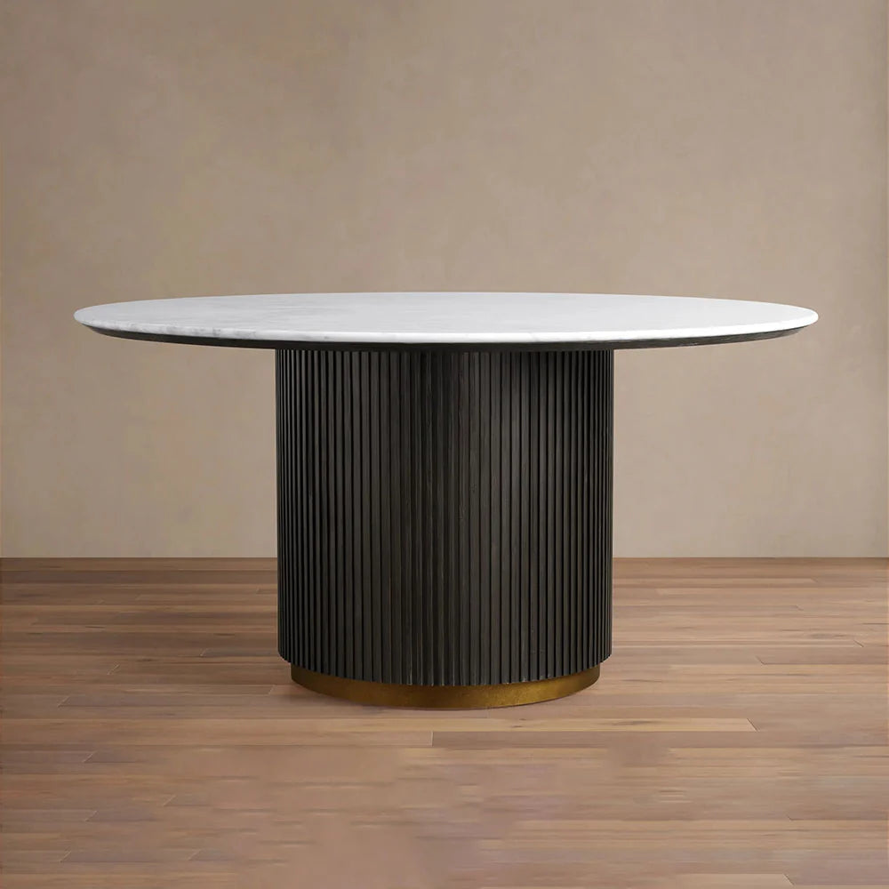 Finnley Round Wood Dining Table With Carrara Marble or Bluestone Top