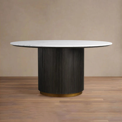 Finnley Round Wood Dining Table With Carrara Marble or Bluestone Top