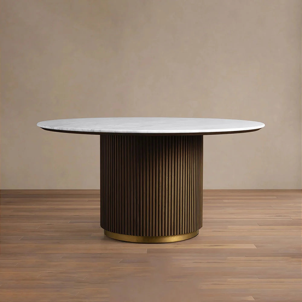 Finnley Round Wood Dining Table With Carrara Marble or Bluestone Top