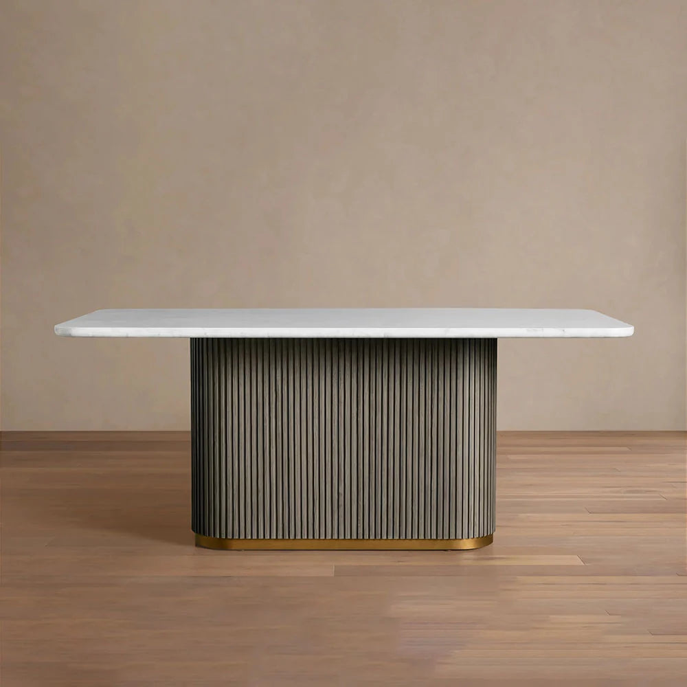 Finnley Rectangle Dining Table with Stone Top Reeded Oak Base