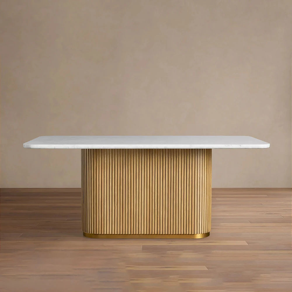 Finnley Rectangle Dining Table with Stone Top Reeded Oak Base