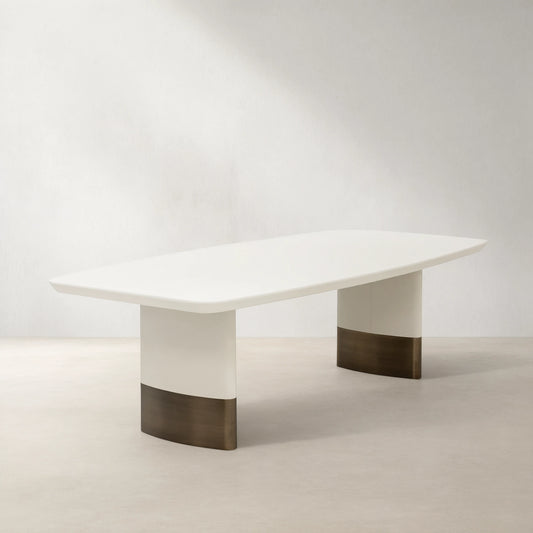 Carolin Pebbled Faux Leather Dining Table with Brushed Gold Stainless Steel Base