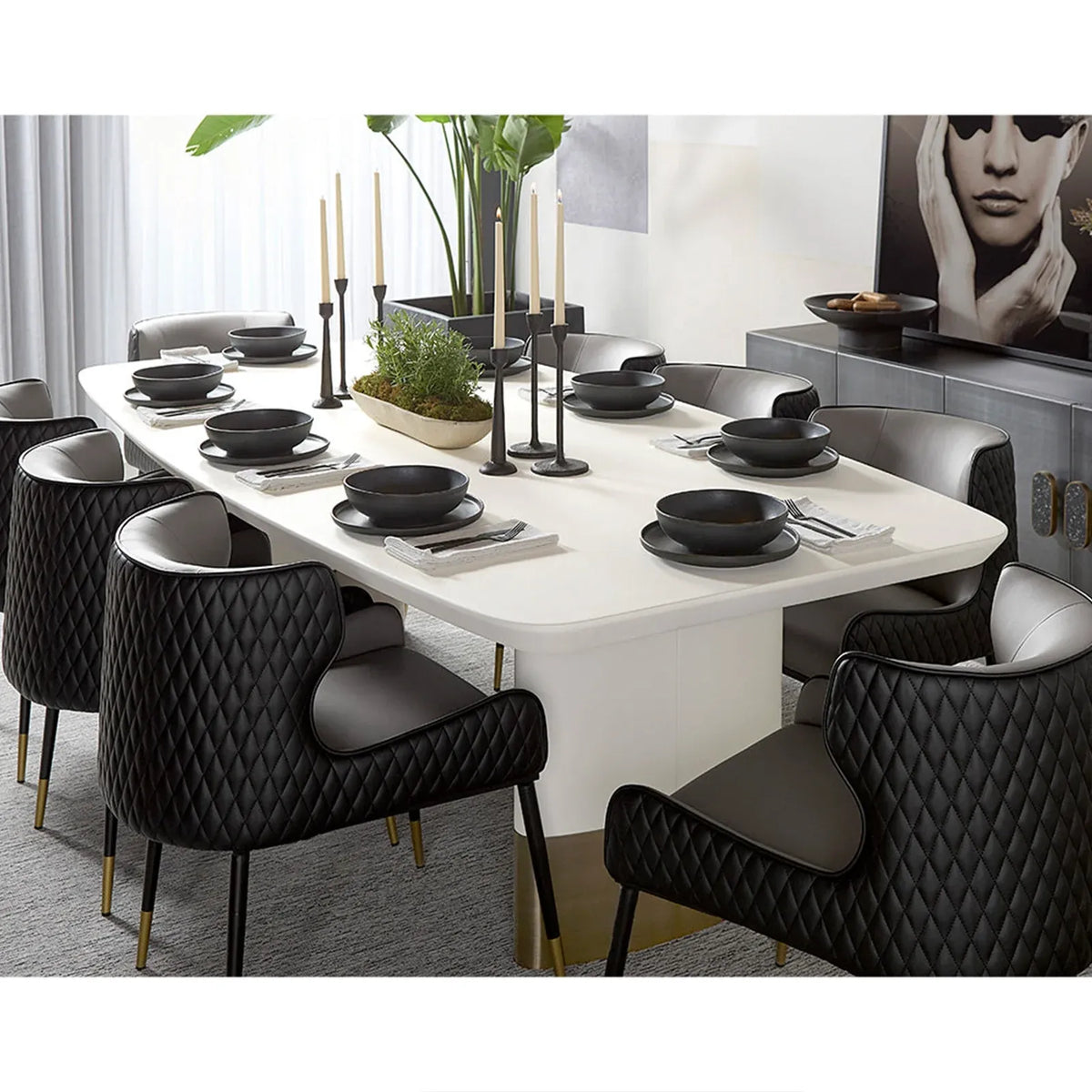 Carolin Pebbled Faux Leather Dining Table with Brushed Gold Stainless Steel Base