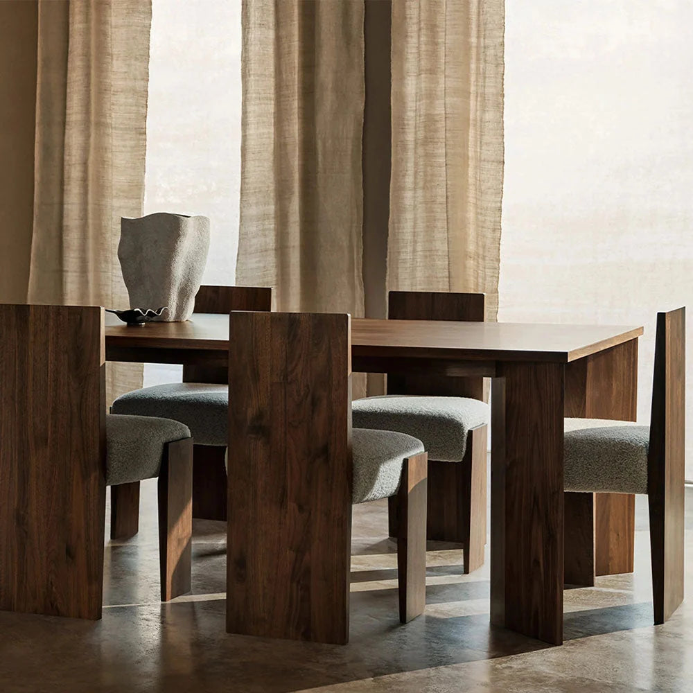 Yorn Wood Dining Table Angled Leg Design in White Oak or Walnut